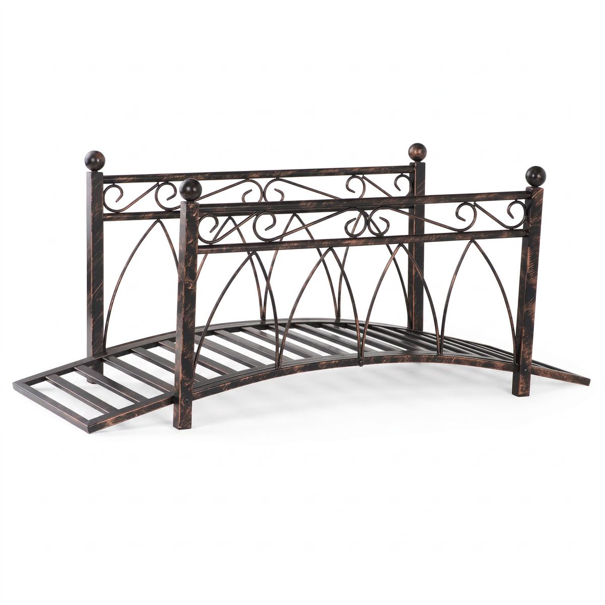 Metal Arch Garden Bridge with Safety Rails - Bronze Decorative Footbridge