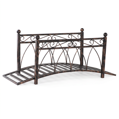 Metal Arch Garden Bridge with Safety Rails - Bronze Decorative Footbridge