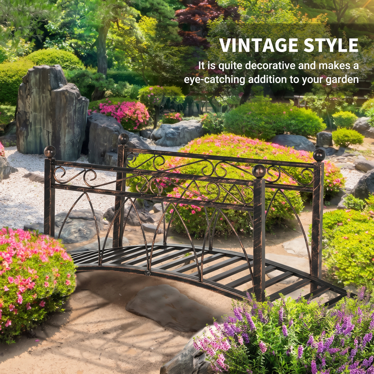 Metal Arch Garden Bridge with Safety Rails - Bronze Decorative Footbridge