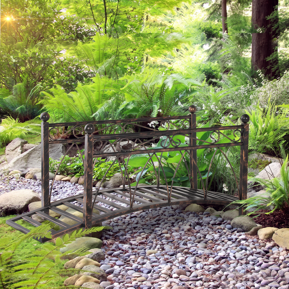 Metal Arch Garden Bridge with Safety Rails - Bronze Decorative Footbridge