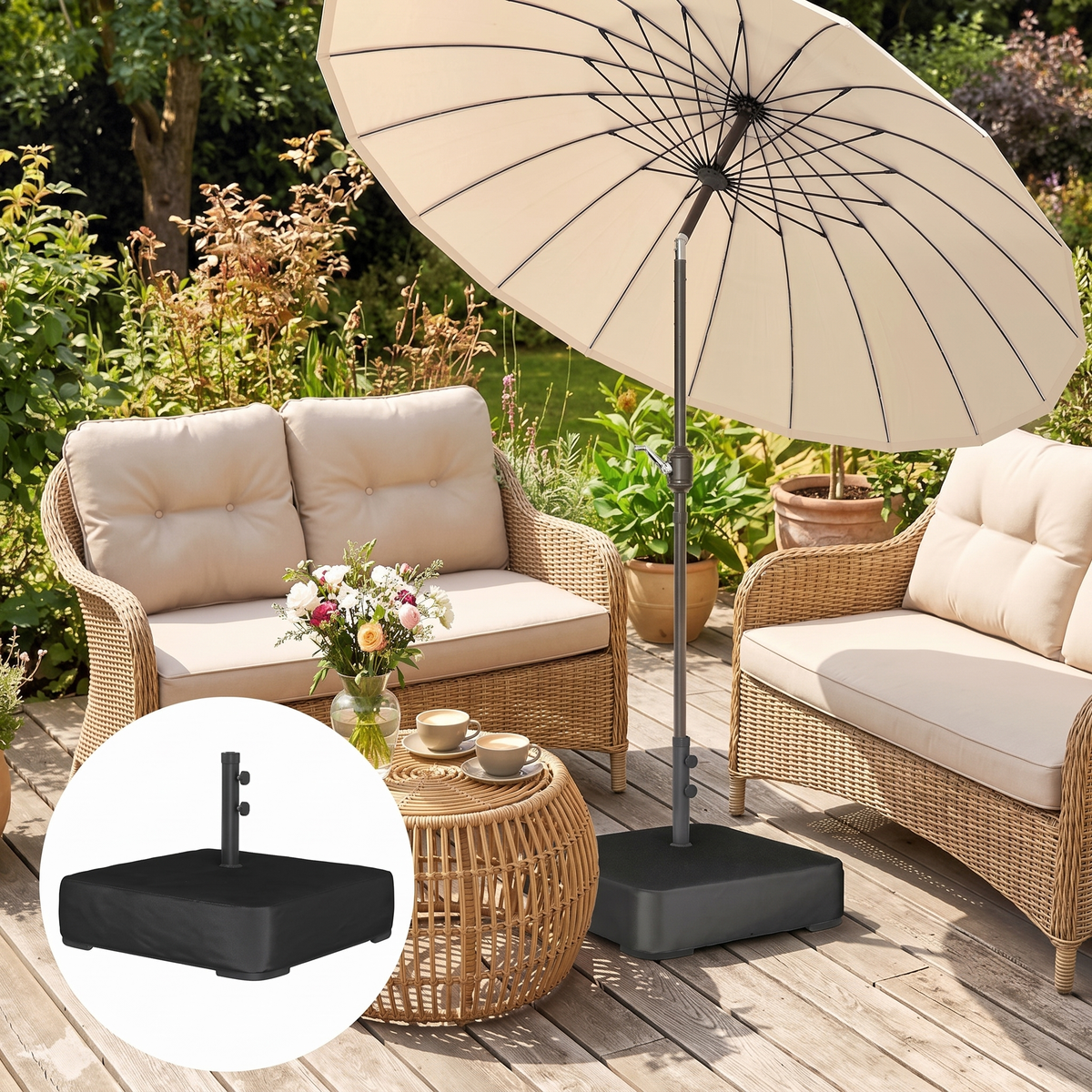Heavy Duty Sand-Filled Parasol Base 176 lbs - Universal Umbrella Stand for Cantilever & Standard Poles, Black