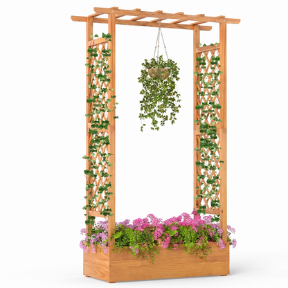 70" Tall Raised Garden Bed with Trellis & Flat Roof - Pine Wood Planter for Climbing Plants & Vegetables
