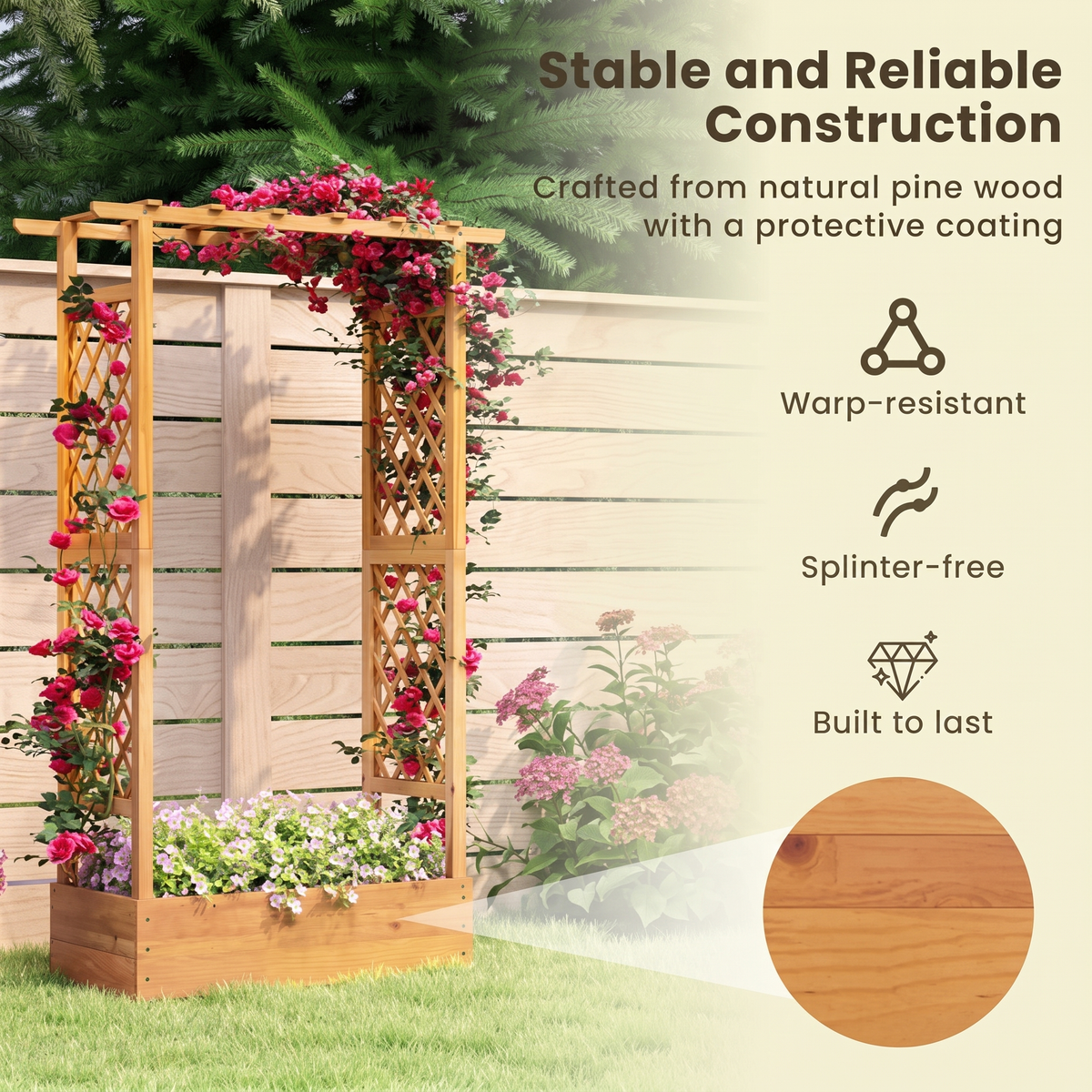 70" Tall Raised Garden Bed with Trellis & Flat Roof - Pine Wood Planter for Climbing Plants & Vegetables