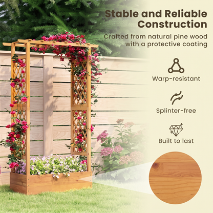 70" Tall Raised Garden Bed with Trellis & Flat Roof - Pine Wood Planter for Climbing Plants & Vegetables