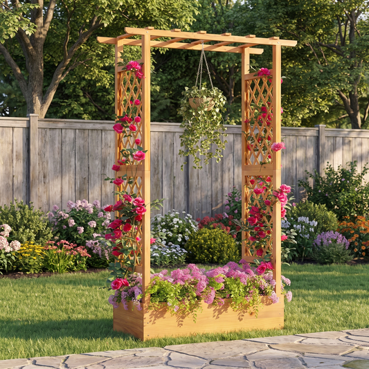 70" Tall Raised Garden Bed with Trellis & Flat Roof - Pine Wood Planter for Climbing Plants & Vegetables