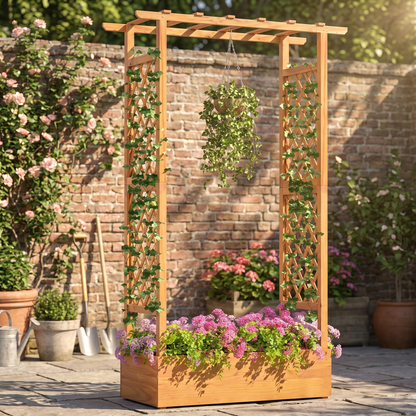 70" Tall Raised Garden Bed with Trellis & Flat Roof - Pine Wood Planter for Climbing Plants & Vegetables