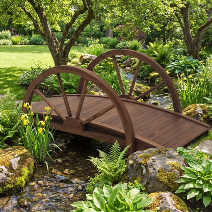 3.3ft Wooden Garden Bridge with Half-Wheel Railings - Solid Fir Arc Footbridge for Pond & Landscape, Stained Wood