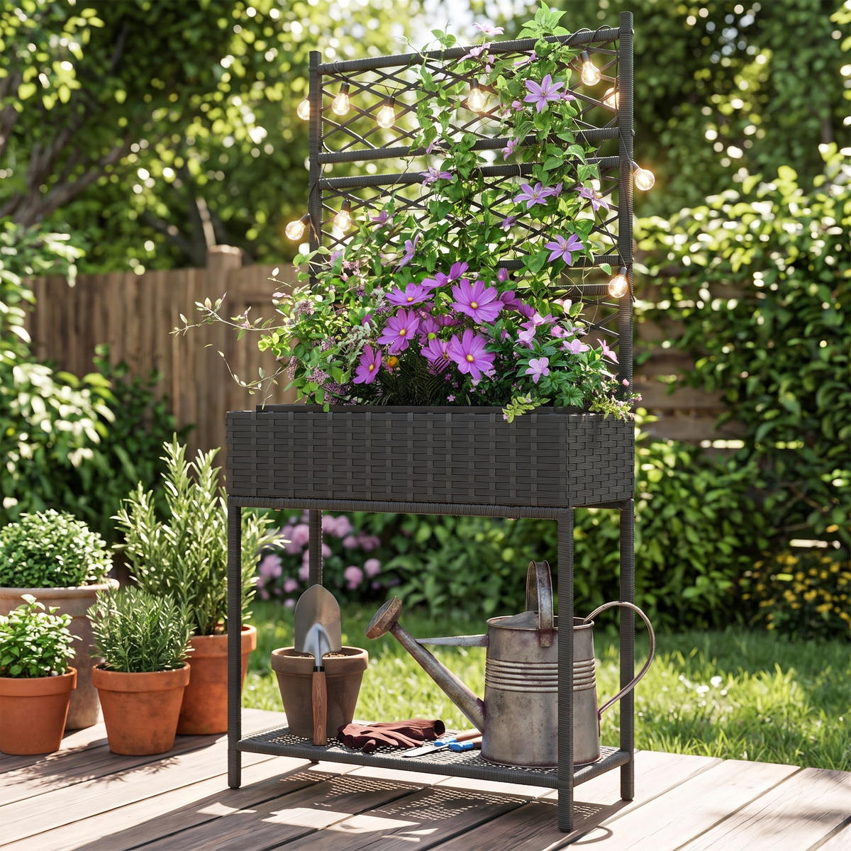 Rattan Raised Garden Bed with Trellis & Storage Shelf - Outdoor Wicker Planter for Climbing Plants, Black