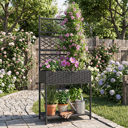 Rattan Raised Garden Bed with Trellis & Storage Shelf - Outdoor Wicker Planter for Climbing Plants, Black