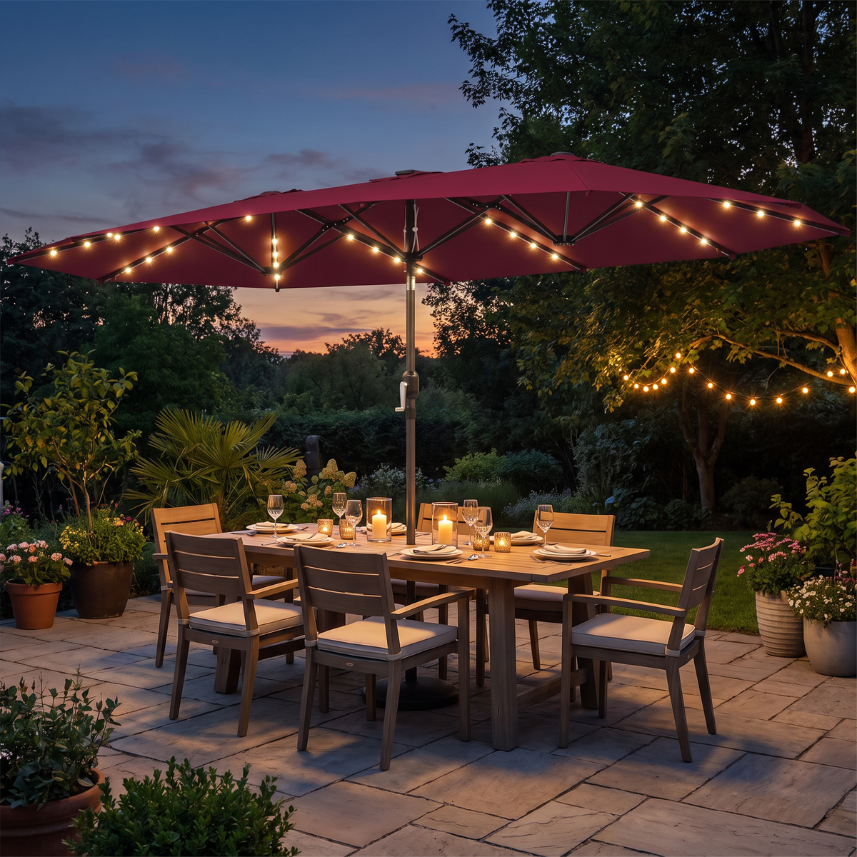 Large Patio Umbrella with 48 Solar LED Lights - 14.8ft Double Canopy Outdoor Parasol, Red
