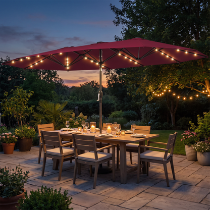 Large Patio Umbrella with 48 Solar LED Lights - 14.8ft Double Canopy Outdoor Parasol, Red
