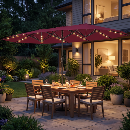 Large Patio Umbrella with 48 Solar LED Lights - 14.8ft Double Canopy Outdoor Parasol, Red