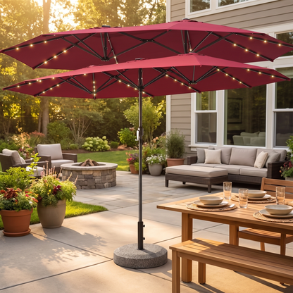 Large Patio Umbrella with 48 Solar LED Lights - 14.8ft Double Canopy Outdoor Parasol, Red
