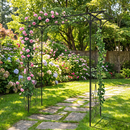 Wide Metal Garden Arch for Climbing Plants - Rose Arch Outdoor Trellis, 80.3" W x 81.1" H, Black