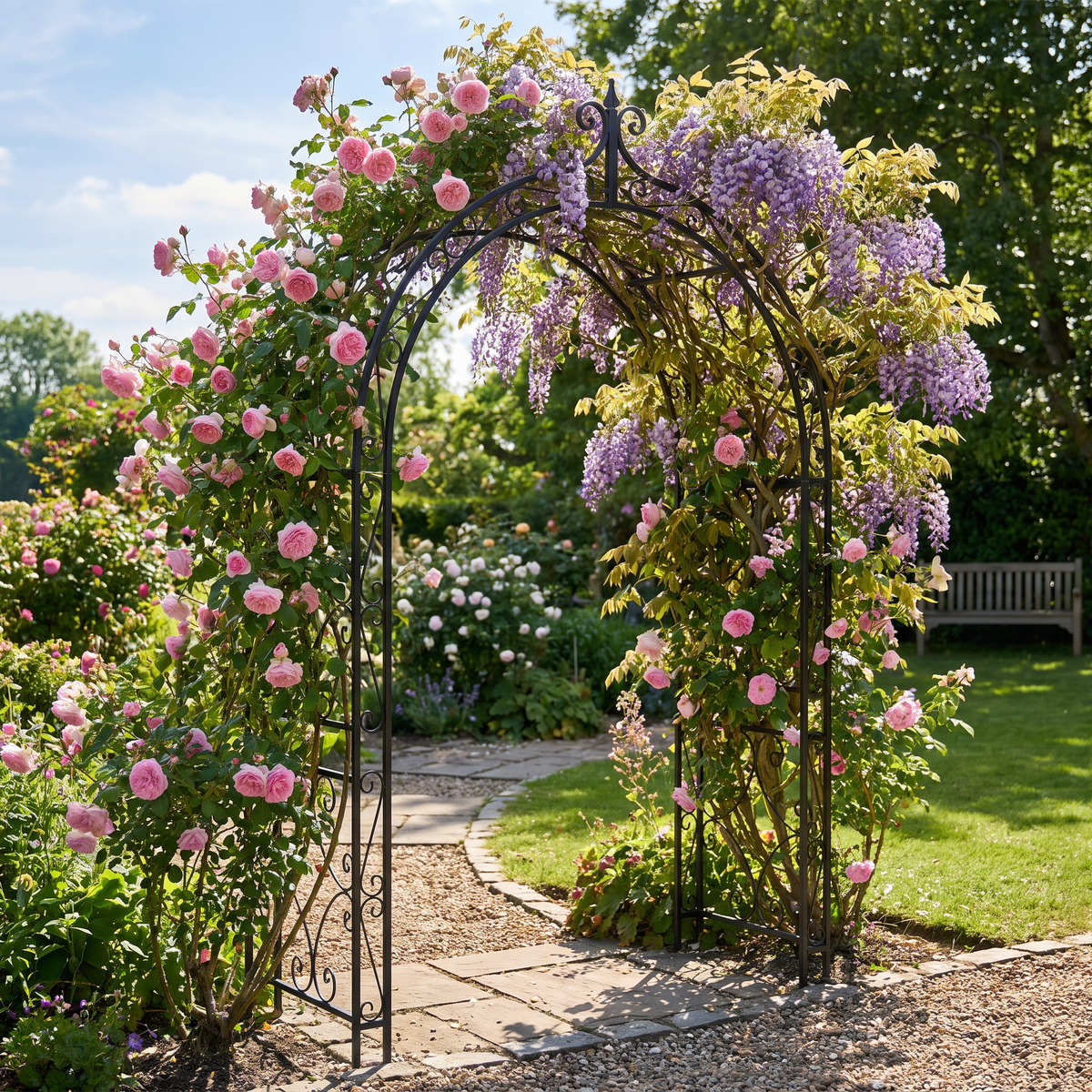 Wide Metal Garden Arch for Climbing Plants - Rose Arch Outdoor Trellis, 80.3" W x 81.1" H, Black