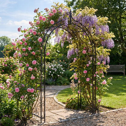Wide Metal Garden Arch for Climbing Plants - Rose Arch Outdoor Trellis, 80.3" W x 81.1" H, Black