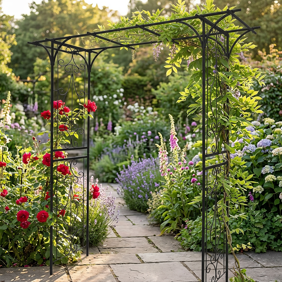Wide Metal Garden Arch for Climbing Plants - Rose Arch Outdoor Trellis, 80.3" W x 81.1" H, Black