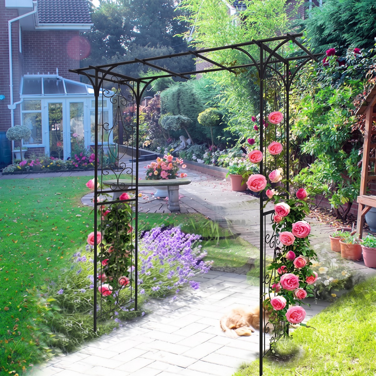 Wide Metal Garden Arch for Climbing Plants - Rose Arch Outdoor Trellis, 80.3" W x 81.1" H, Black