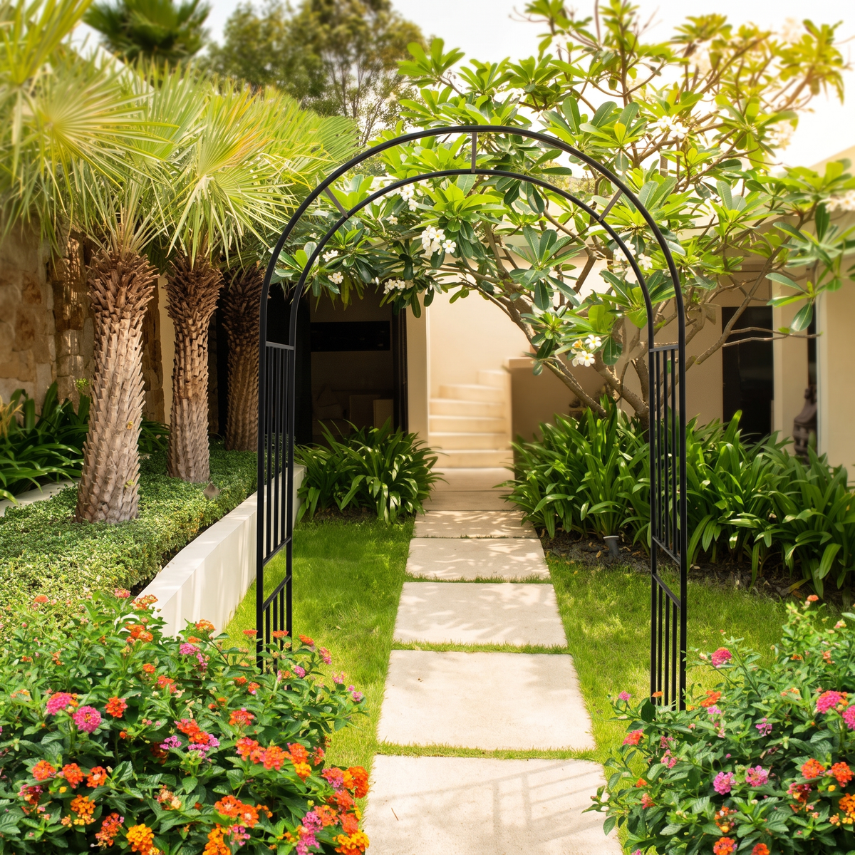 Metal Garden Arch for Climbing Plants - Rose Arch Outdoor Trellis, 85.8" H, Black