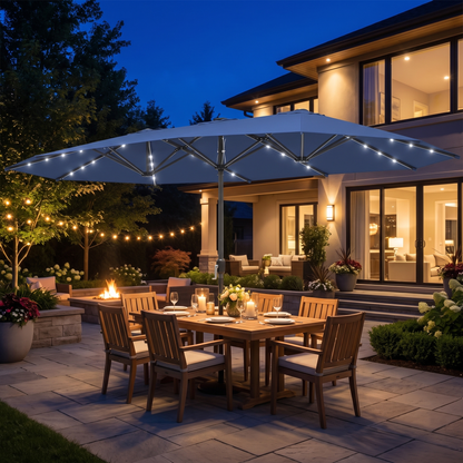 Large Patio Umbrella with 48 Solar LED Lights - 14.8ft Double Canopy Outdoor Parasol, Blue