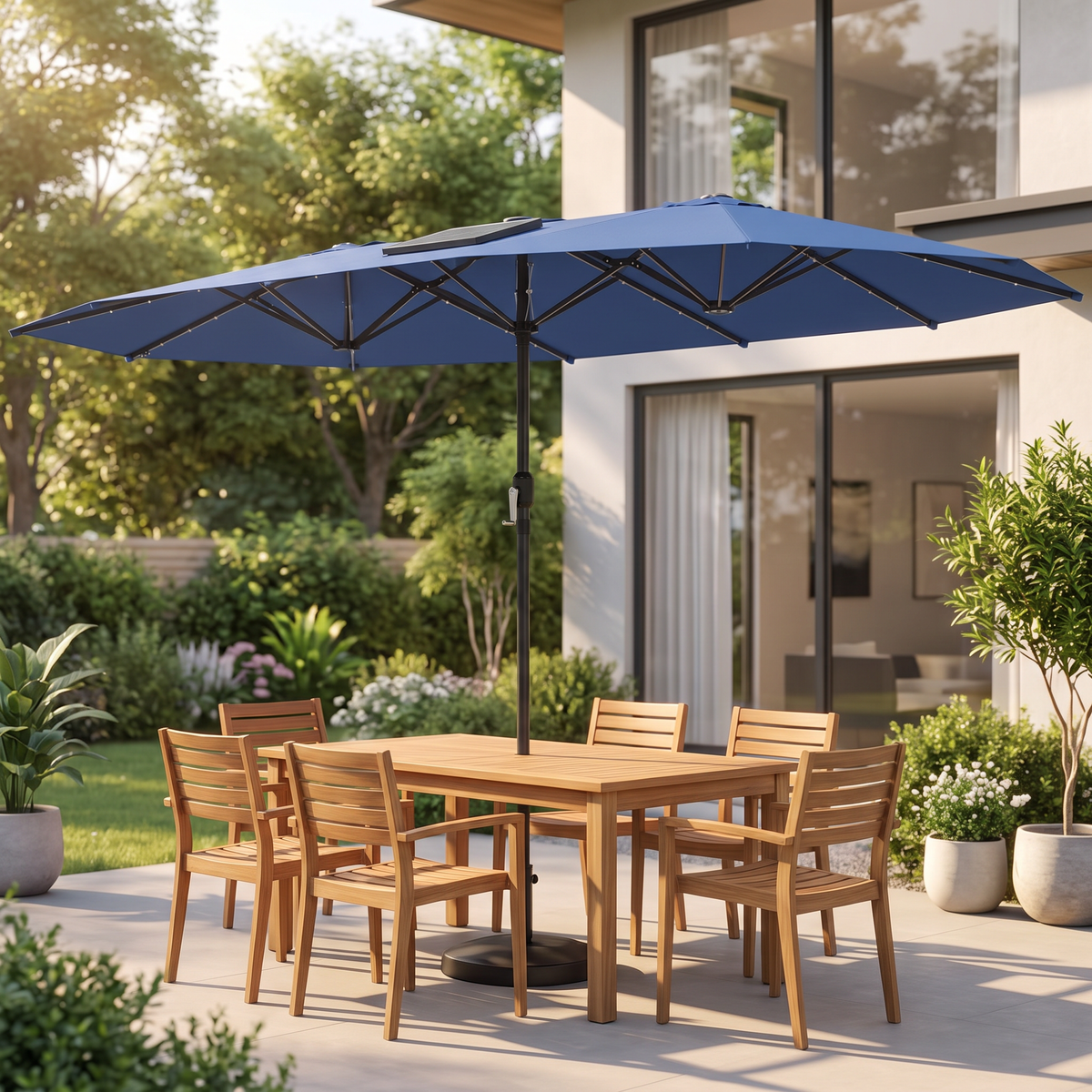 Large Patio Umbrella with 48 Solar LED Lights - 14.8ft Double Canopy Outdoor Parasol, Blue