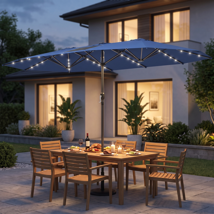 Large Patio Umbrella with 48 Solar LED Lights - 14.8ft Double Canopy Outdoor Parasol, Blue