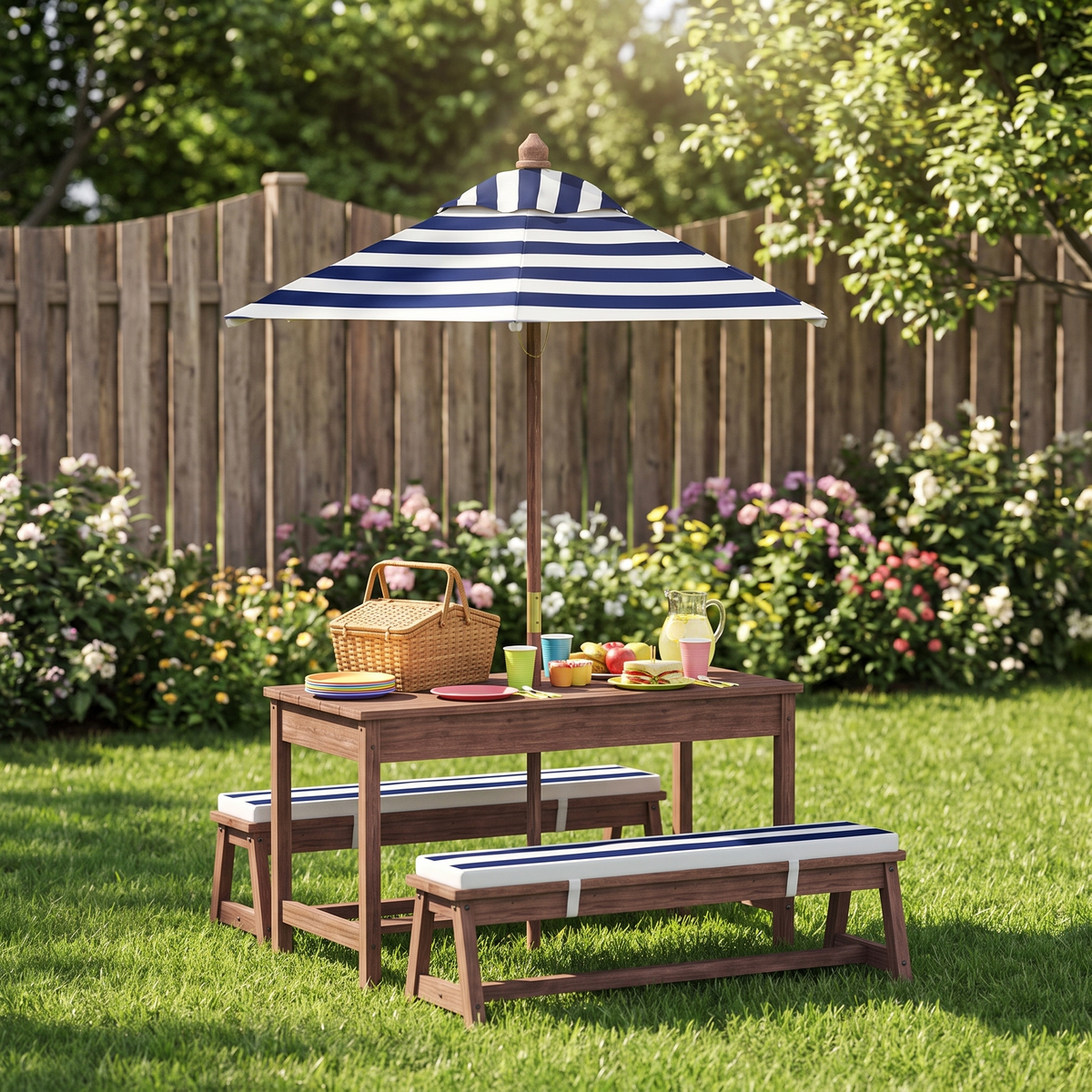 Kids Outdoor Picnic Table & Bench Set with Umbrella and Cushions - Wooden Garden Furniture for Children, Navy Blue