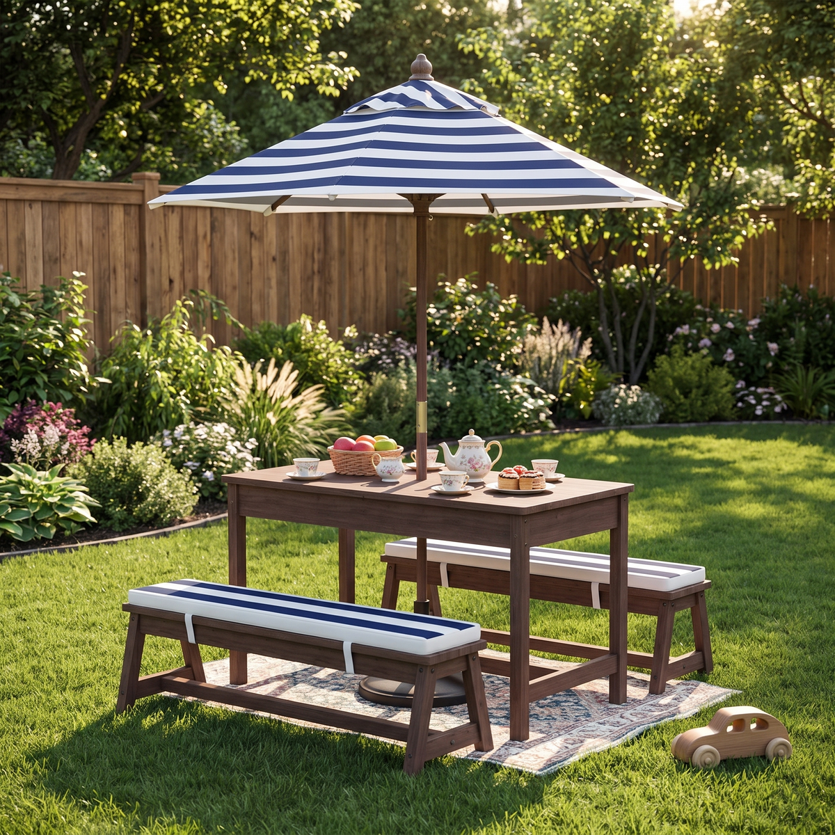 Kids Outdoor Picnic Table & Bench Set with Umbrella and Cushions - Wooden Garden Furniture for Children, Navy Blue