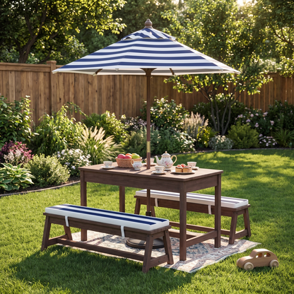 Kids Outdoor Picnic Table & Bench Set with Umbrella and Cushions - Wooden Garden Furniture for Children, Navy Blue