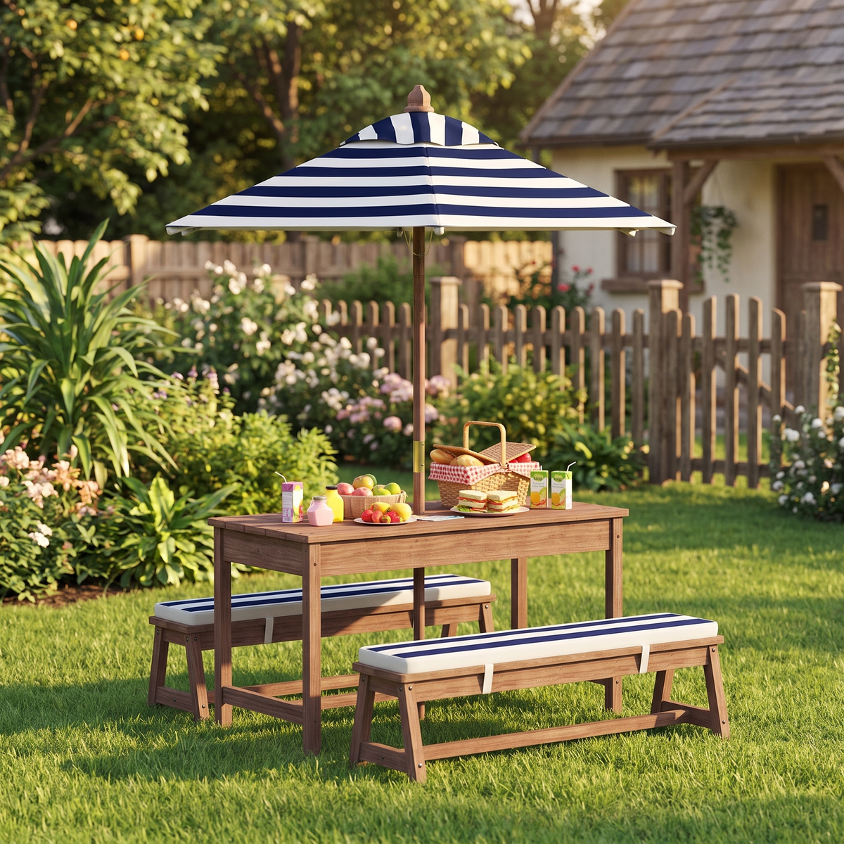 Kids Outdoor Picnic Table & Bench Set with Umbrella and Cushions - Wooden Garden Furniture for Children, Navy Blue