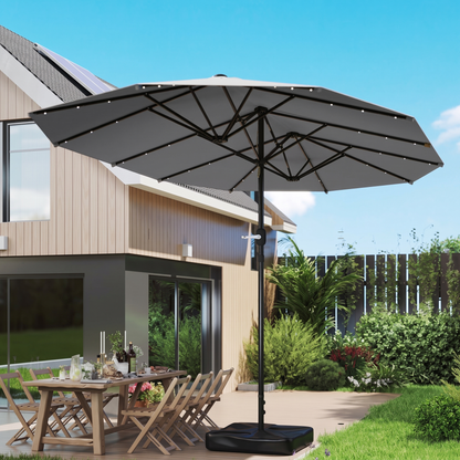 Large Patio Umbrella with 48 Solar LED Lights - 14.8ft Double Canopy Outdoor Parasol, Gray