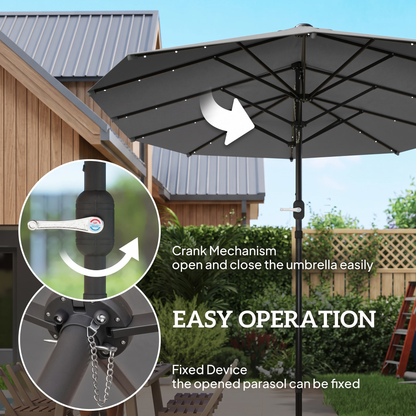 Large Patio Umbrella with 48 Solar LED Lights - 14.8ft Double Canopy Outdoor Parasol, Gray
