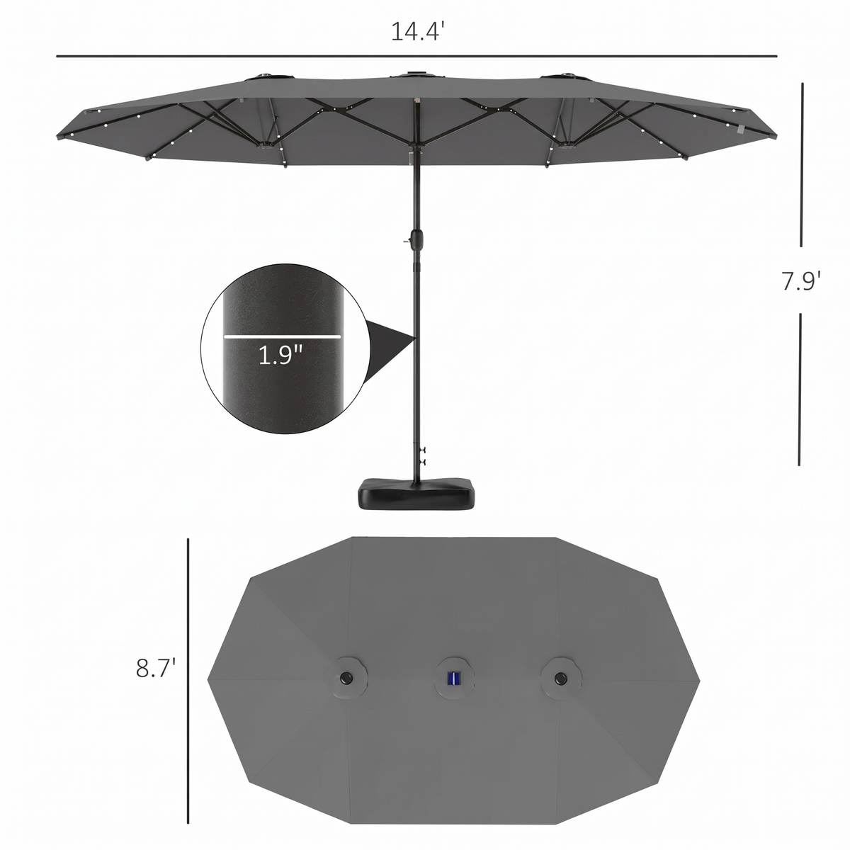 Large Patio Umbrella with 48 Solar LED Lights - 14.8ft Double Canopy Outdoor Parasol, Gray