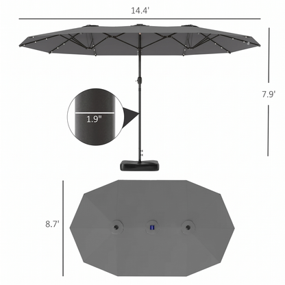 Large Patio Umbrella with 48 Solar LED Lights - 14.8ft Double Canopy Outdoor Parasol, Gray