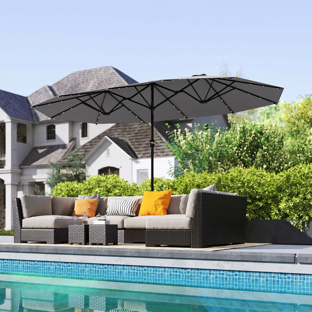 Large Patio Umbrella with 48 Solar LED Lights - 14.8ft Double Canopy Outdoor Parasol, Gray