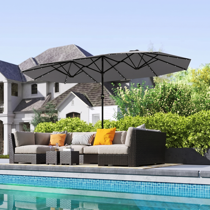 Large Patio Umbrella with 48 Solar LED Lights - 14.8ft Double Canopy Outdoor Parasol, Gray