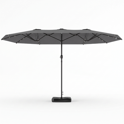 Large Patio Umbrella with 48 Solar LED Lights - 14.8ft Double Canopy Outdoor Parasol, Gray