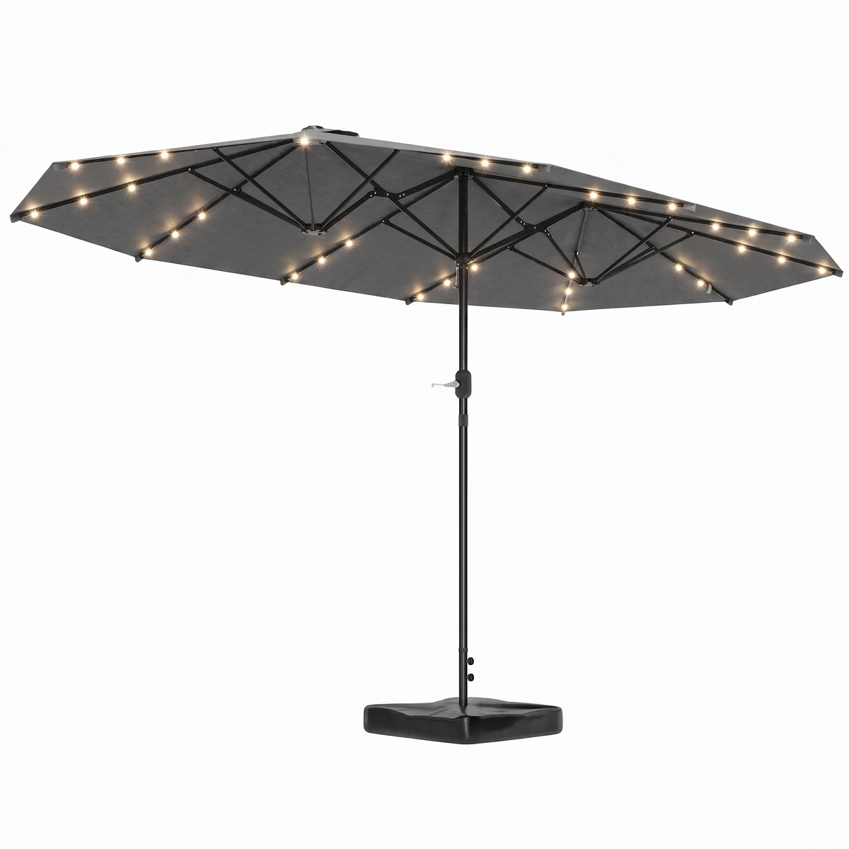 Large Patio Umbrella with 48 Solar LED Lights - 14.8ft Double Canopy Outdoor Parasol, Gray