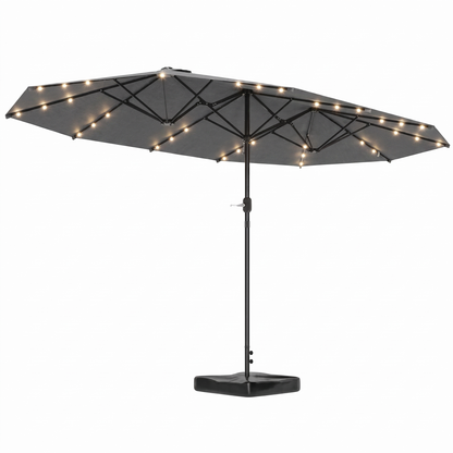 Large Patio Umbrella with 48 Solar LED Lights - 14.8ft Double Canopy Outdoor Parasol, Gray