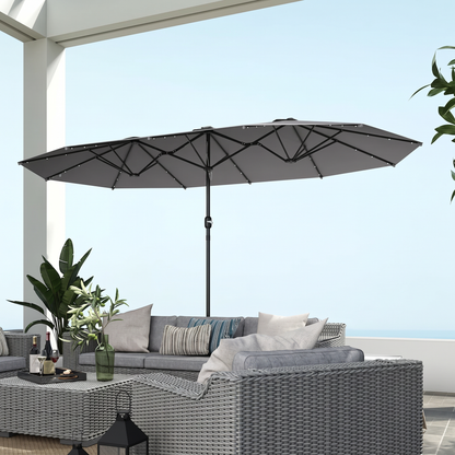 Large Patio Umbrella with 48 Solar LED Lights - 14.8ft Double Canopy Outdoor Parasol, Gray