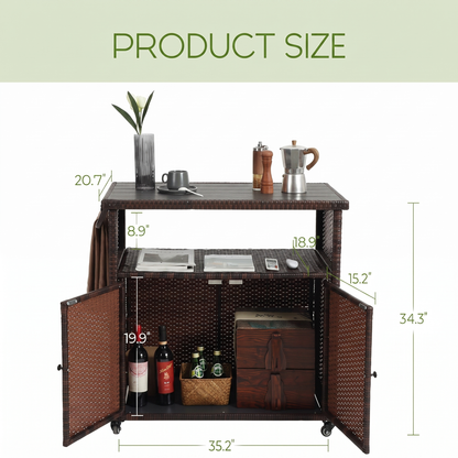 Outdoor Wicker Bar Cart with Wheels - Rolling Rattan Serving Cart with Glass Top, Black Brown