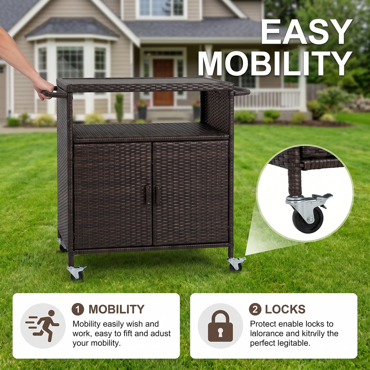 Outdoor Wicker Bar Cart with Wheels - Rolling Rattan Serving Cart with Glass Top, Black Brown