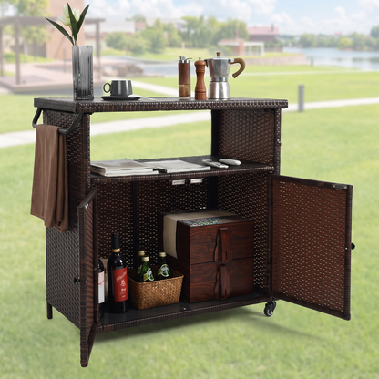 Outdoor Wicker Bar Cart with Wheels - Rolling Rattan Serving Cart with Glass Top, Black Brown