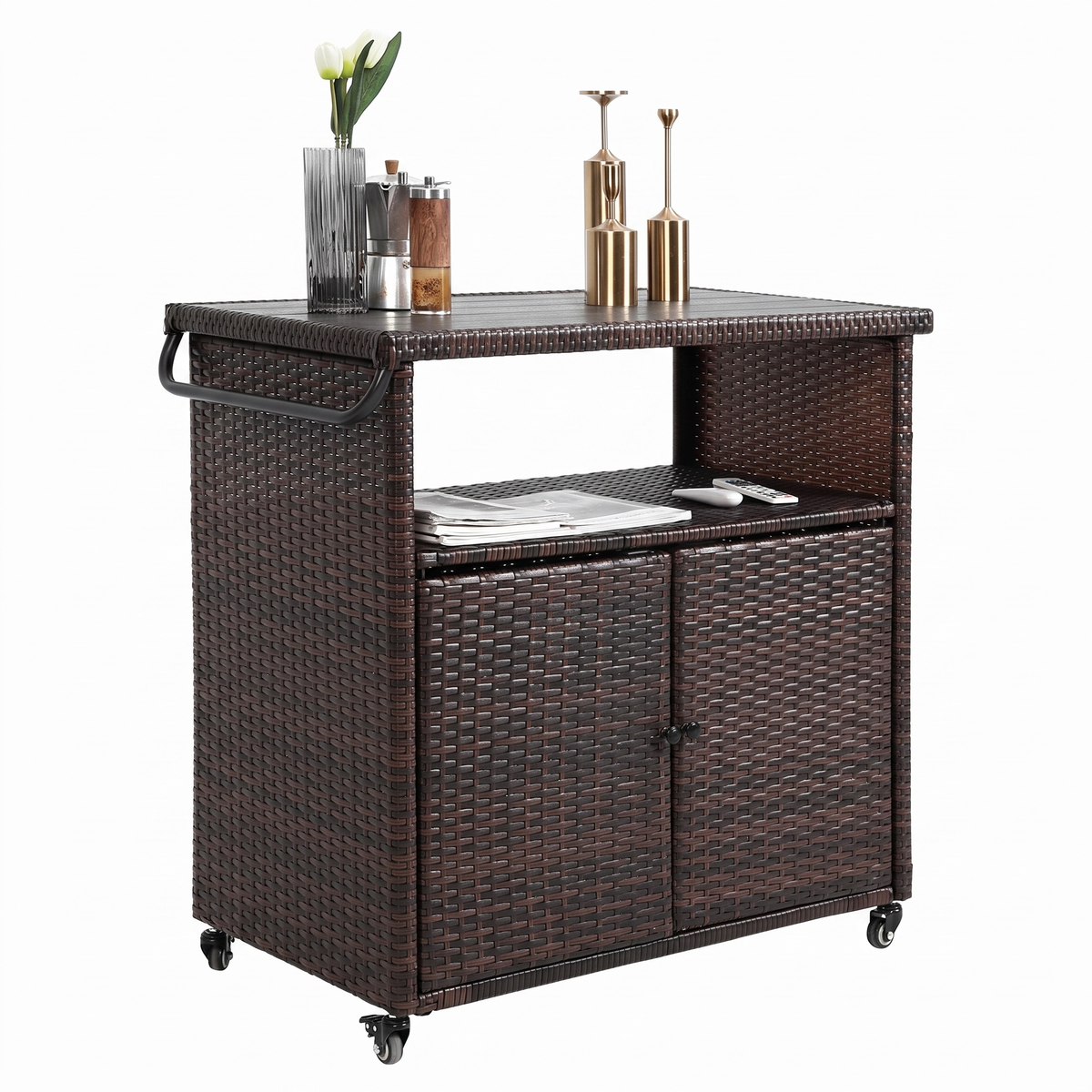 Outdoor Wicker Bar Cart with Wheels - Rolling Rattan Serving Cart with Glass Top, Black Brown
