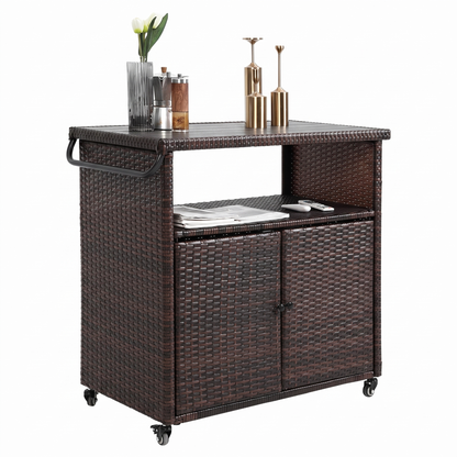 Outdoor Wicker Bar Cart with Wheels - Rolling Rattan Serving Cart with Glass Top, Black Brown