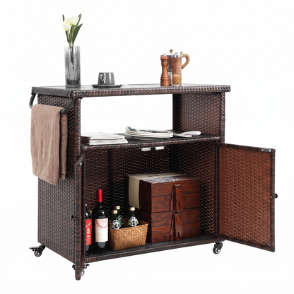 Outdoor Wicker Bar Cart with Wheels - Rolling Rattan Serving Cart with Glass Top, Black Brown