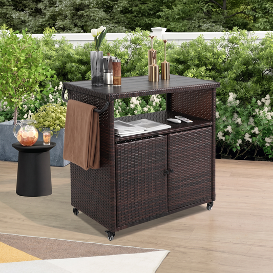 Outdoor Wicker Bar Cart with Wheels - Rolling Rattan Serving Cart with Glass Top, Black Brown