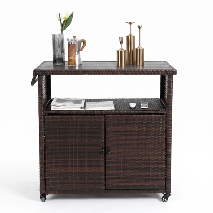 Outdoor Wicker Bar Cart with Wheels - Rolling Rattan Serving Cart with Glass Top, Black Brown
