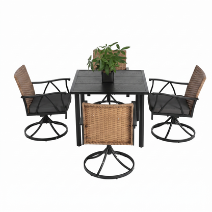 5-Piece Patio Dining Set with Swivel Rocker Chairs - Outdoor Wicker Furniture for 4, Brown Gray