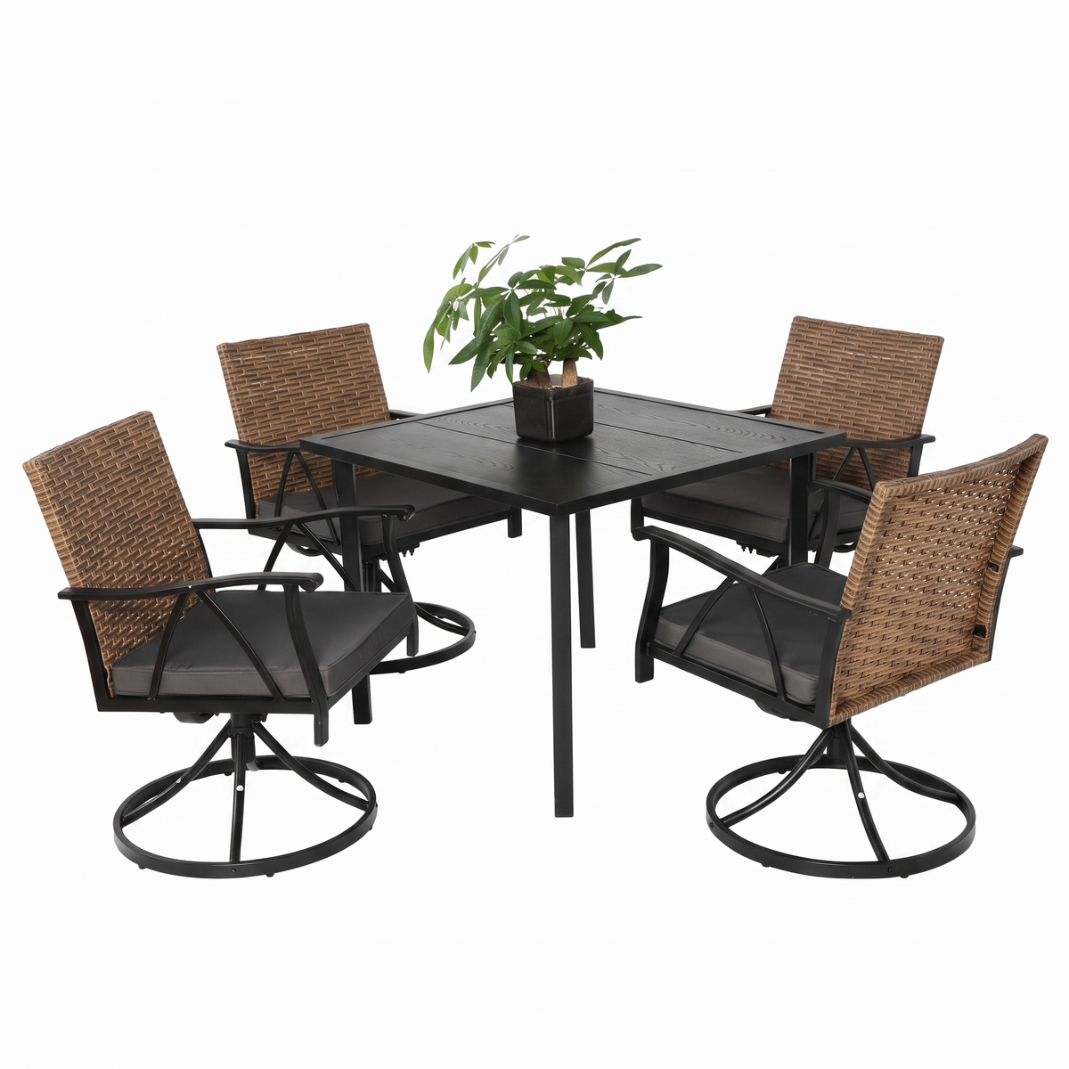 5-Piece Patio Dining Set with Swivel Rocker Chairs - Outdoor Wicker Furniture for 4, Brown Gray